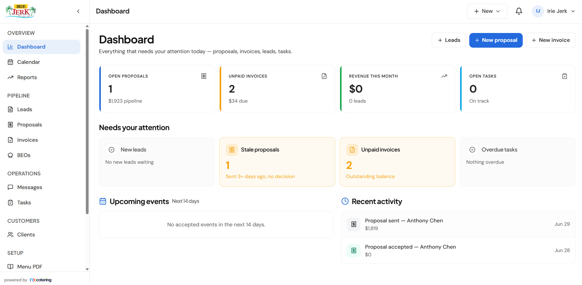 nxcatering dashboard