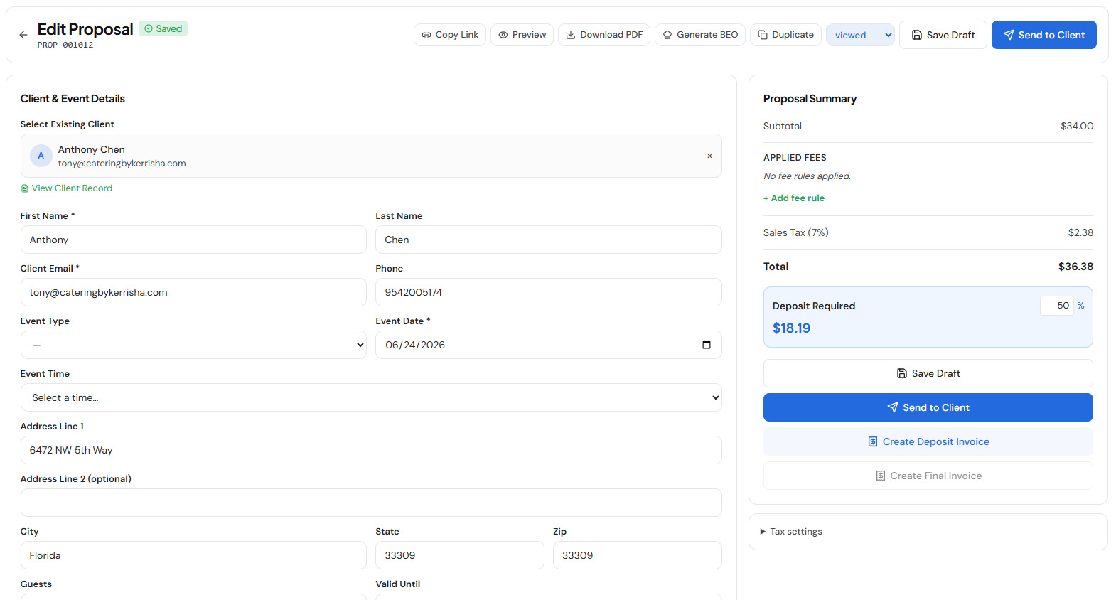 nxcatering proposal and BEO editor