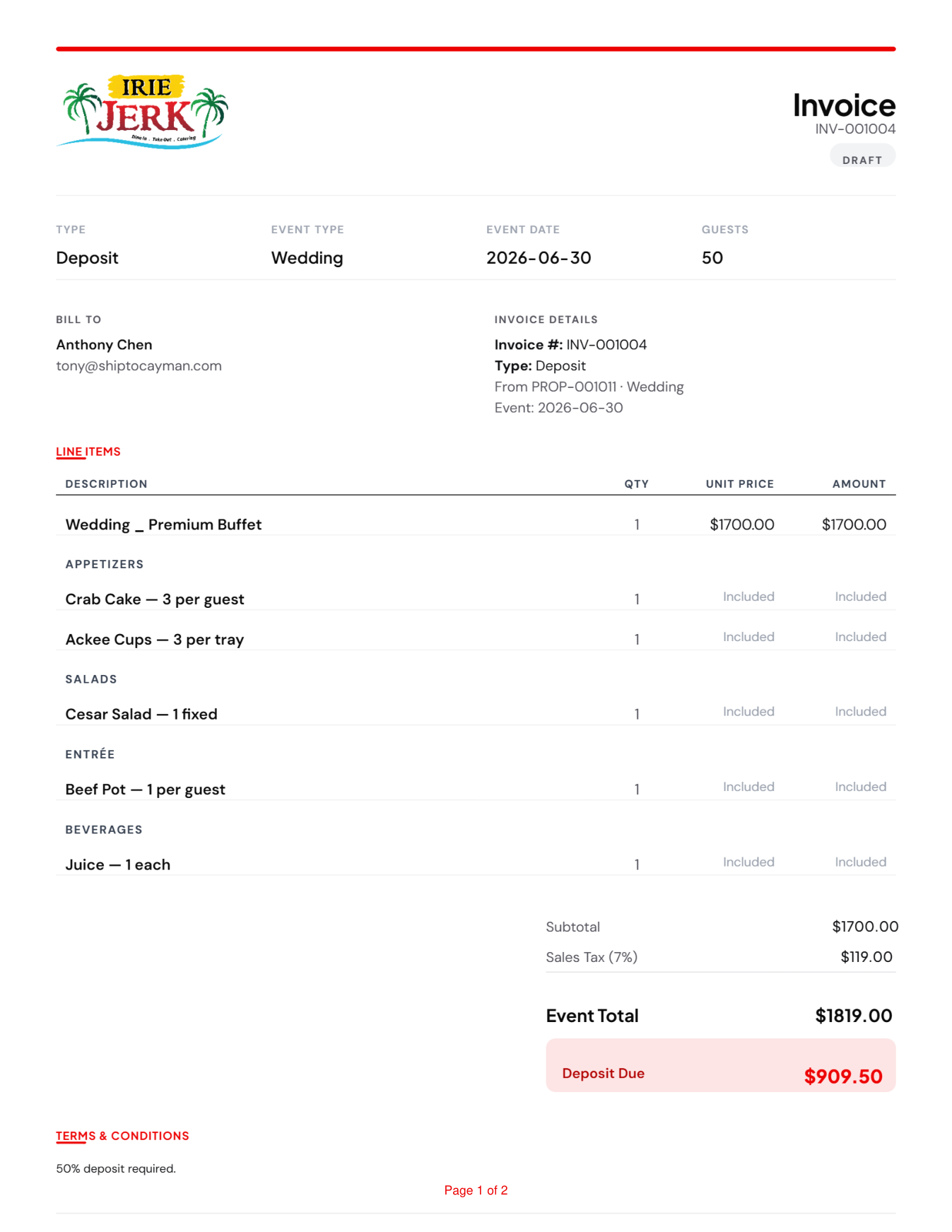 Catering invoice with card payment in nxcatering